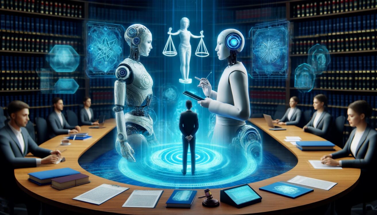 A futuristic representation of Artificial Intelligence in Dispute Resolution (AI-DR), featuring a digital negotiation table with holographic AI assist