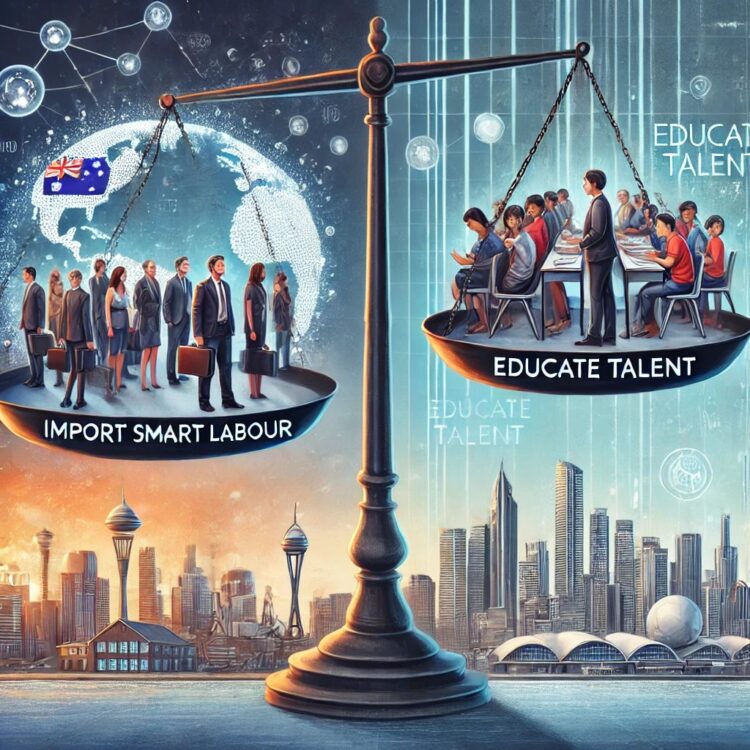 An artistic illustration showing the balance between importing smart labour and educating local talent. On one side of the image, a globe with profess.