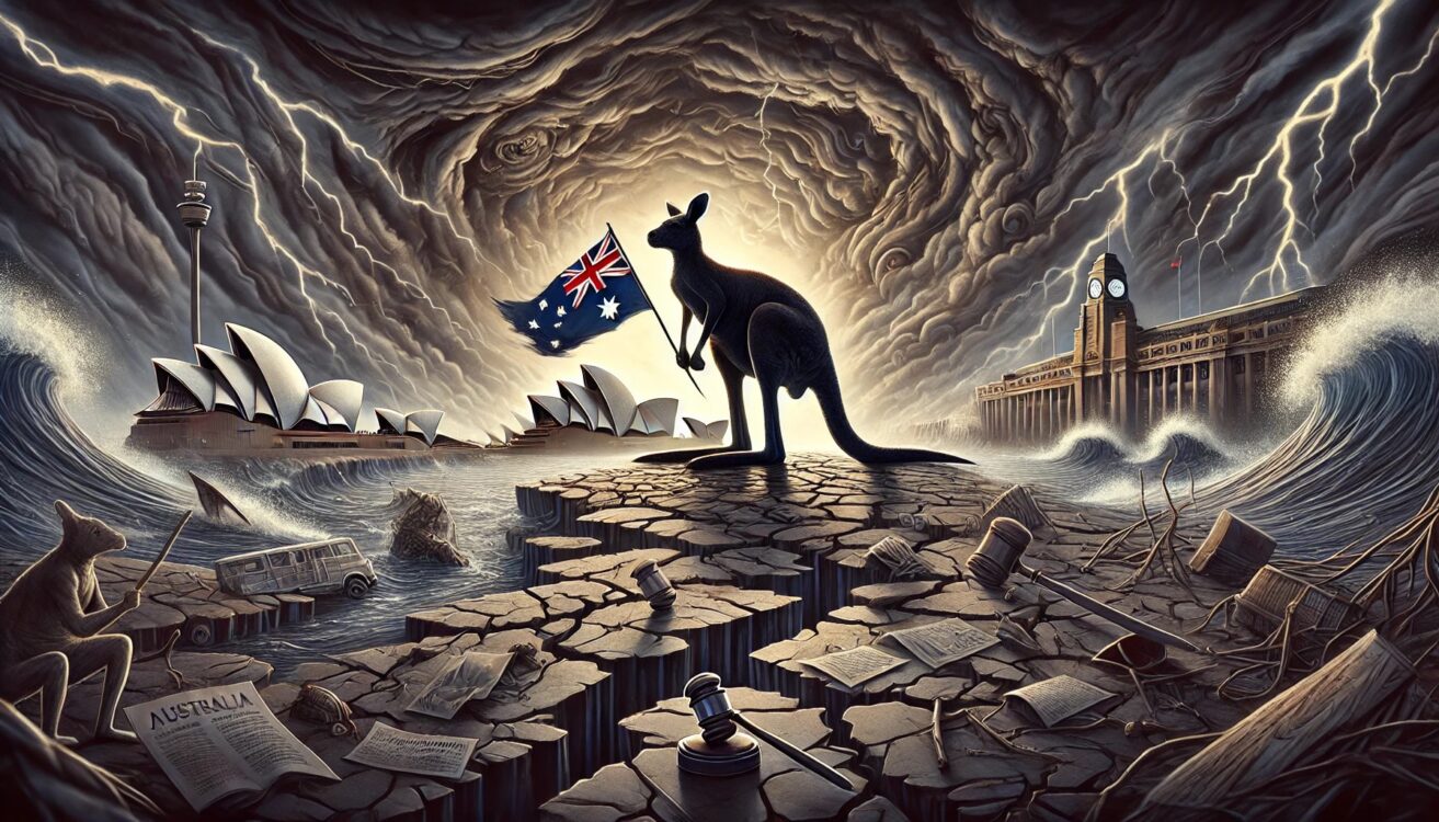 A symbolic image reflecting the threat of populism to Australia's stability and values. The scene features a stormy sky with cracks forming in the gro.jpg