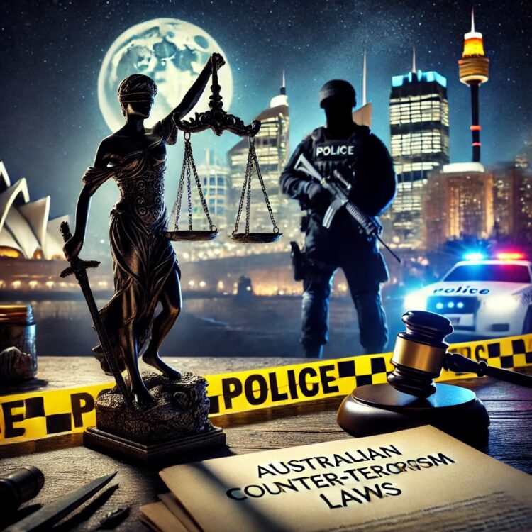 A symbolic representation of justice and counter-terrorism in Australia. The image features the scales of justice balanced against a backdrop of Sydney