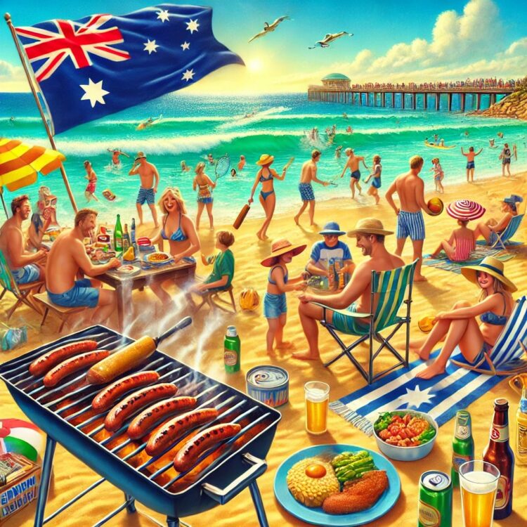 A vibrant Australia Day scene at the beach, featuring people enjoying a classic Aussie barbecue with sausages sizzling on the grill. Families and friends