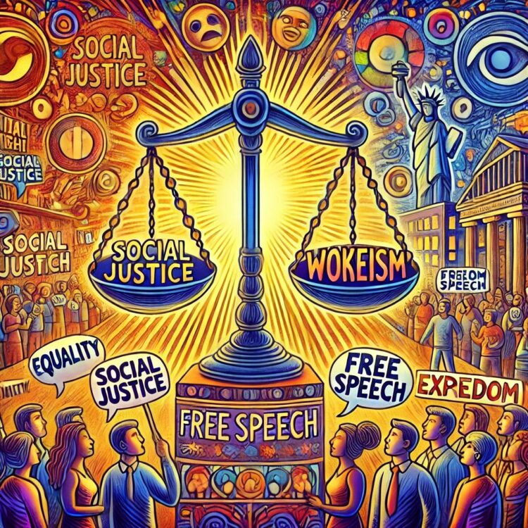 A vibrant and colorful symbolic illustration representing the debate on free speech and wokeism. The image features a balanced scale in the center