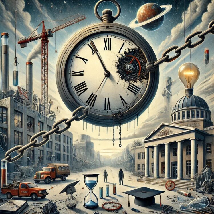 A symbolic digital painting illustrating disruption and uncertainty. The focal point is a large, frozen clock stuck at 12_00, symbolizing a pause.