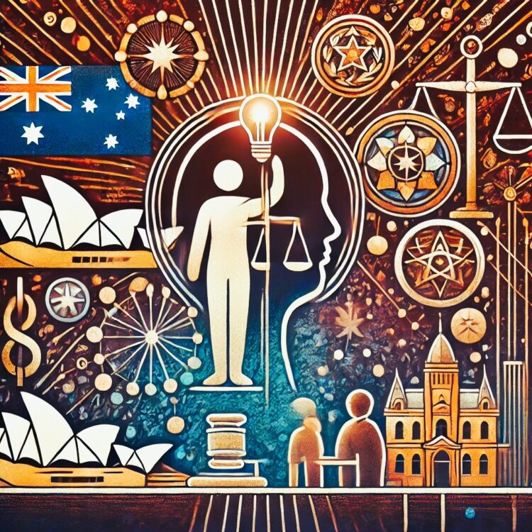 An artistic representation of the concept of guardianship for intellectually disadvantaged individuals in Australia. The image features a symbolic gua