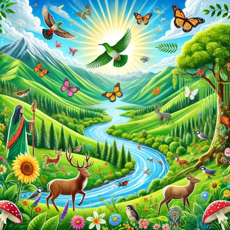 A vibrant and cheerful digital painting of a lush green mountain with a flowing river, symbolizing nature’s legal personhood. The scene includes diver.