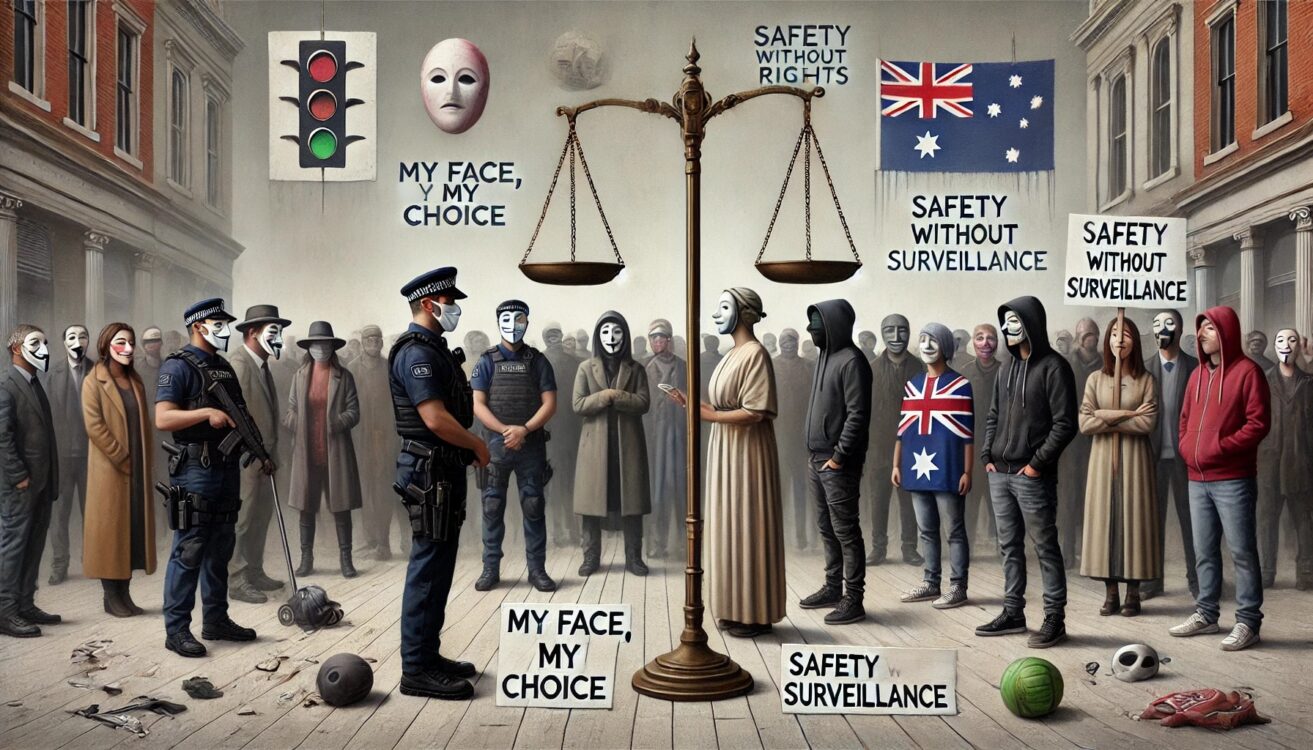 A balanced, thought-provoking scene capturing the tension between public safety and individual rights. In the foreground, a diverse group of people