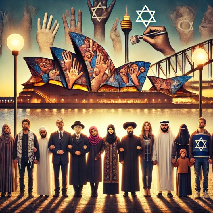 A symbolic image depicting racial and religious unity in Sydney. The image features a diverse group of people, including Jewish and Muslim individuals