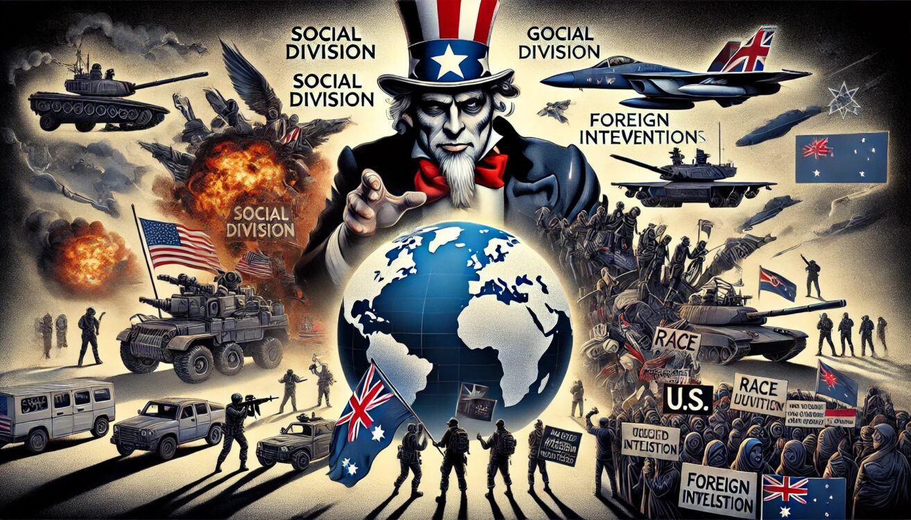 A digital illustration depicting the influence of the United States on global social division and warfare. The image shows a large Uncle Sam figure