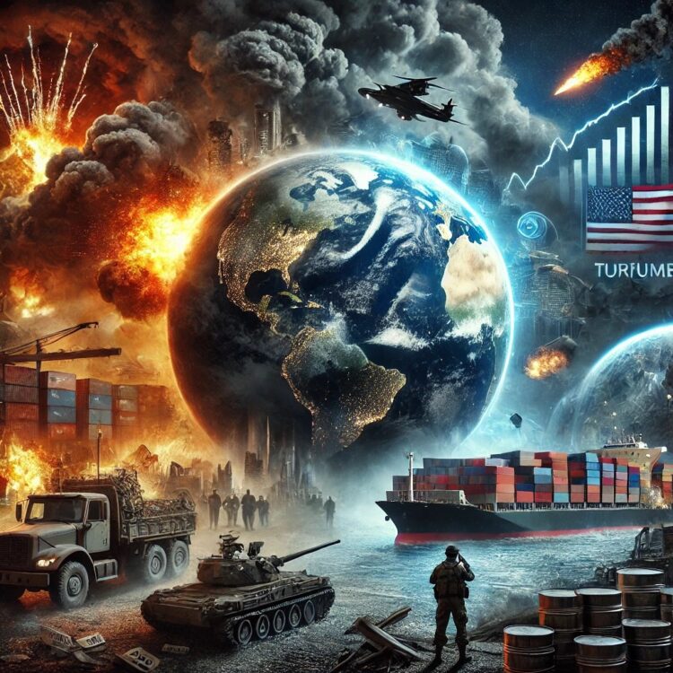 A dramatic depiction of a world facing multiple crises in 2025, with dark storm clouds looming over a globe. In the foreground, an apocalyptic scene