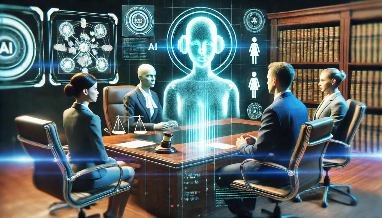 A futuristic digital courtroom with a holographic AI mediator facilitating a family dispute resolution session. The AI appears as a glowing, neutral