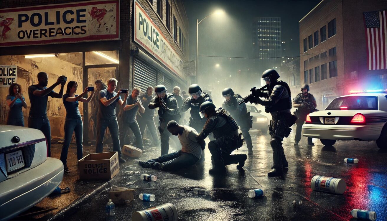 A powerful depiction of police overreach consequences. A dimly lit urban street at night, where heavily armored police officers are restraining a dist