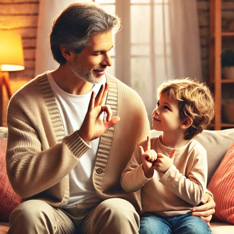 A loving deaf parent using sign language to communicate with their child in a warm, family home setting. The scene is inclusive and positive, showing