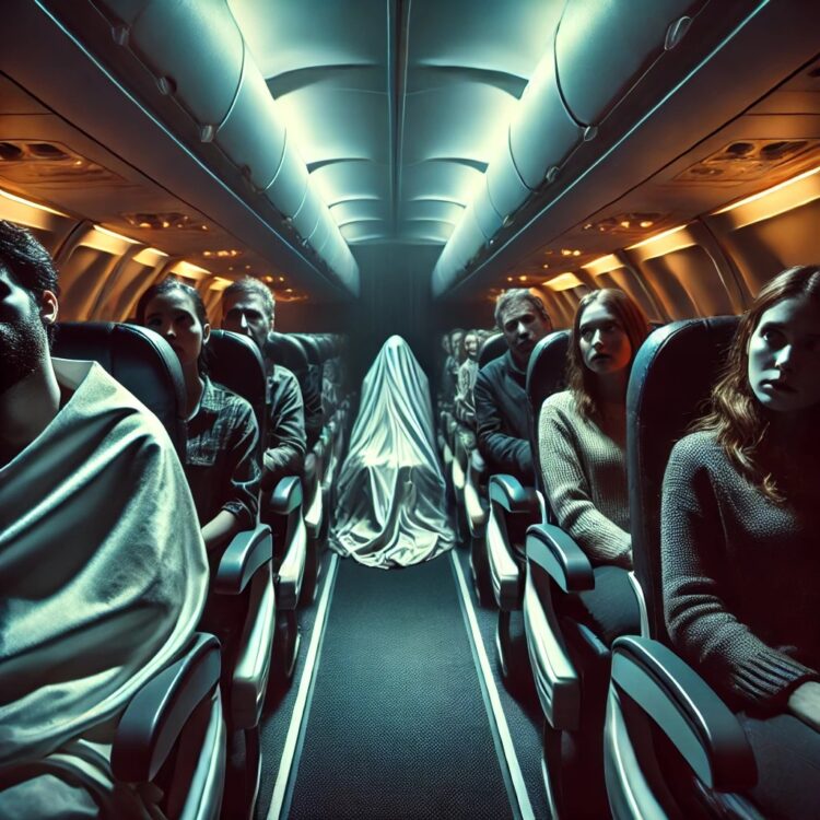 A dimly lit airplane cabin with passengers looking uncomfortable. A covered body is seated in a row, with two distressed passengers sitting beside it.