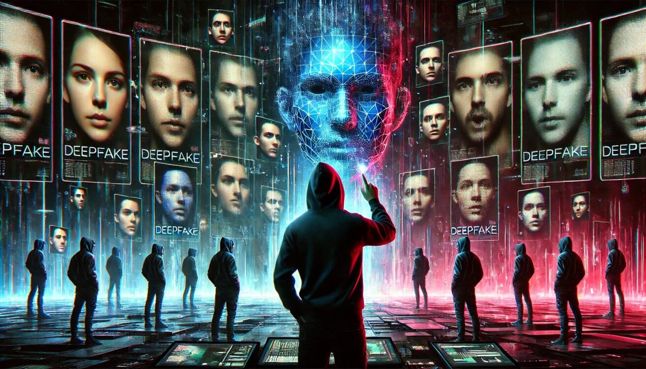 A dramatic digital painting depicting the evils of deepfake technology. The image features a shadowy figure in a dark hoodie manipulating a holographi