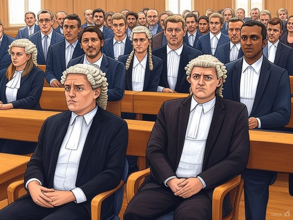 an image with the prompt: 'courtroom scene in an Australian court room, inspired by a BBC image of a courtroom scene, with fourteen members of a religious group being convicted for the murder of an eight-year-old diabetic girl