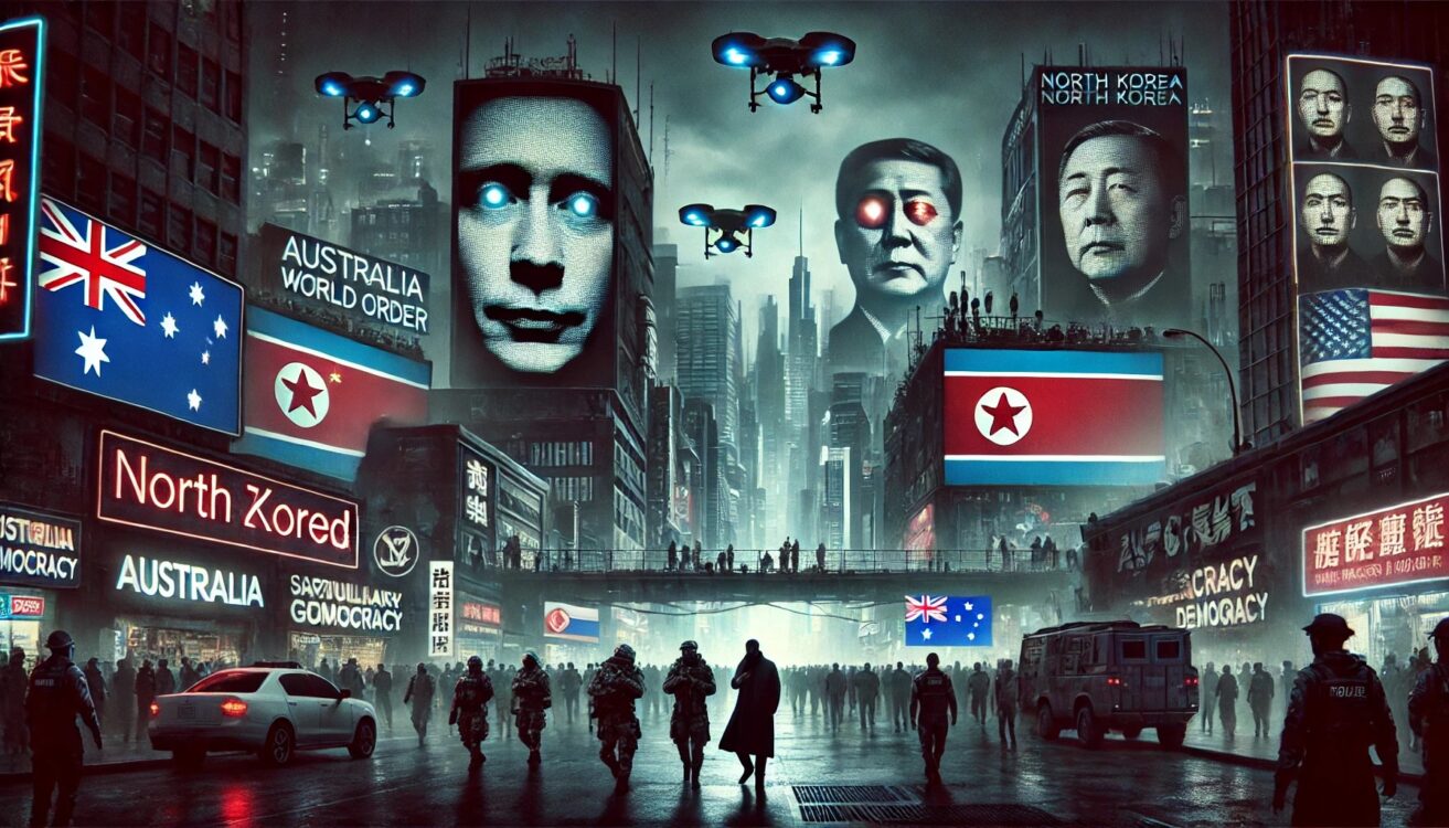 image depicting a dystopian world order dominated by authoritarian governments, with Australia and New Zealand standing as isolated beacons of democracy.