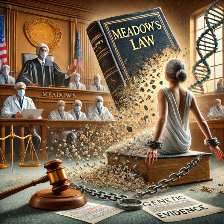 A courtroom scene symbolizing the discrediting of Meadow’s Law. In the center, a large, old textbook labeled _Meadow’s Law_ is crumbling into dust