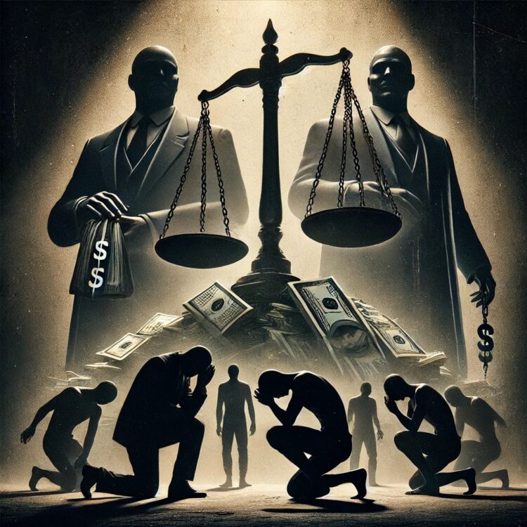 A dark and moody illustration symbolizing exploitation and justice. The image features two shadowy male figures in expensive suits standing over a gro