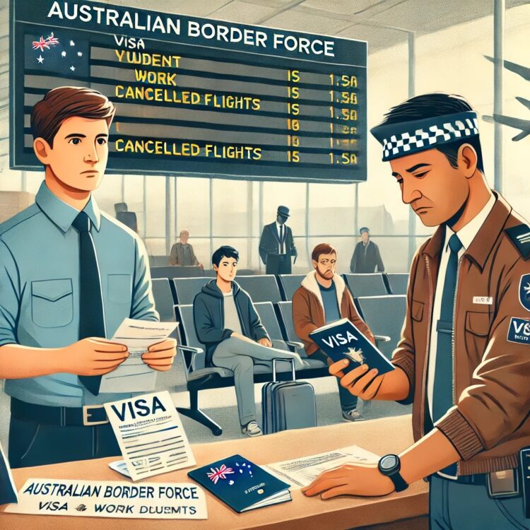 An illustration depicting an Australian Border Force officer at an airport checking a student's visa and work documents. In the background, a concerned student