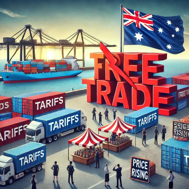 A conceptual illustration depicting tariffs in Australia. The image features a shipping port with cargo containers labeled 'Trade' and 'Tariffs.' Near.