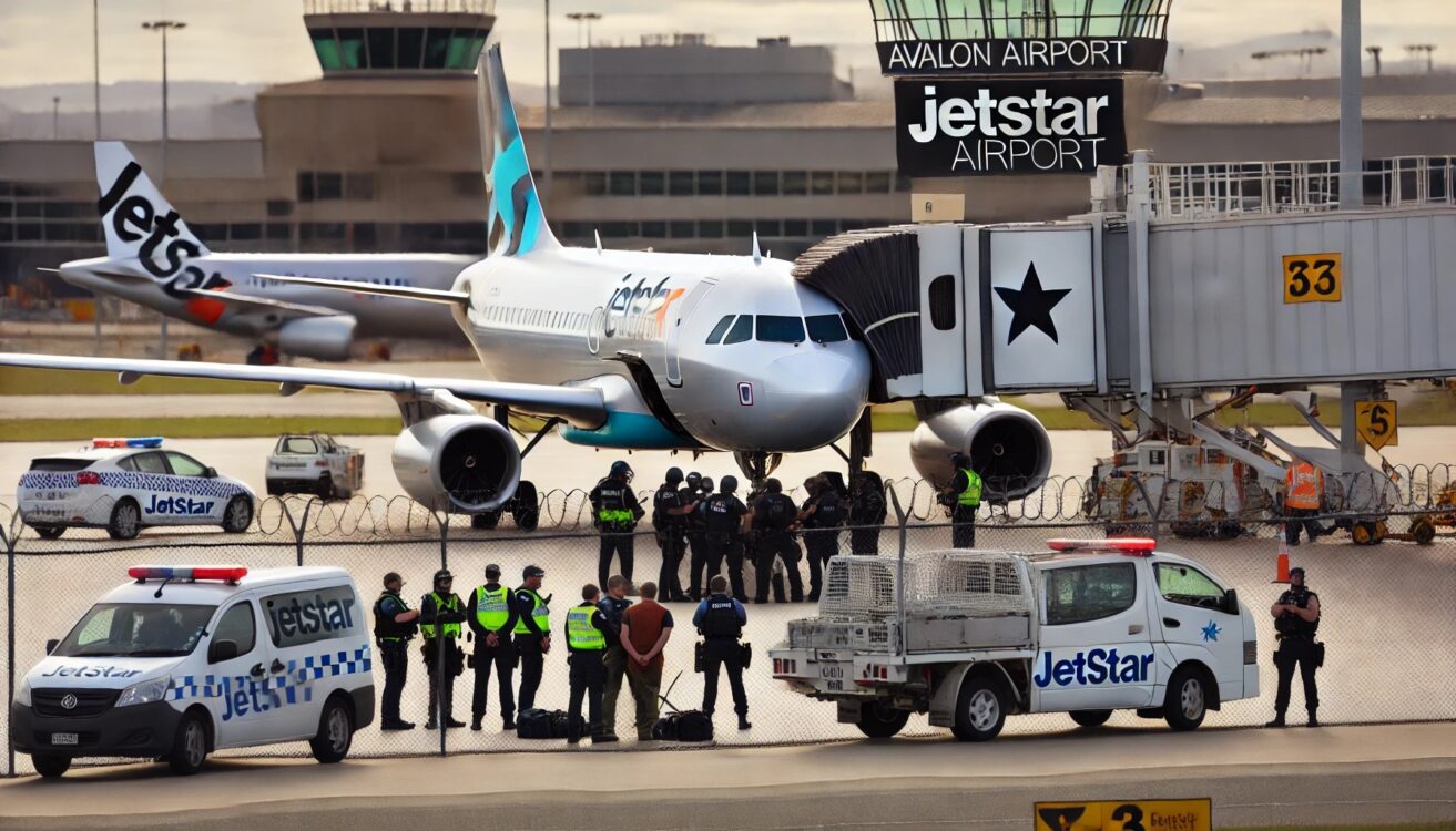 tense scene at Avalon Airport with police officers surrounding a Jetstar plane on the tarmac. A young suspect, dressed in casual clothes,