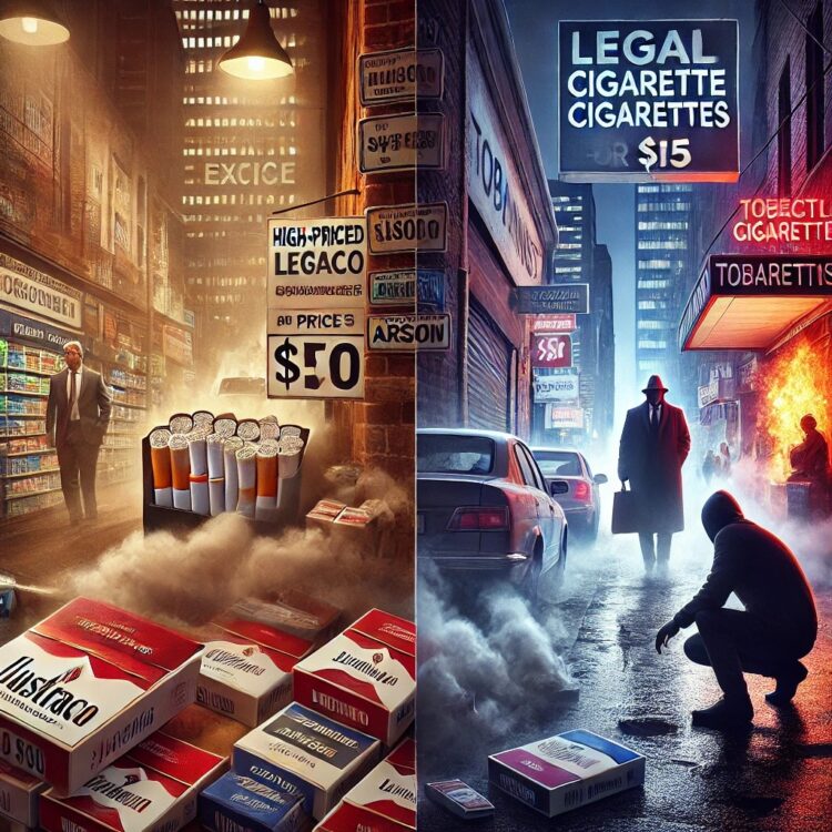 An impactful digital illustration depicting the consequences of Australia's tobacco excise policy. The image features a dramatic contrast_ on one side.