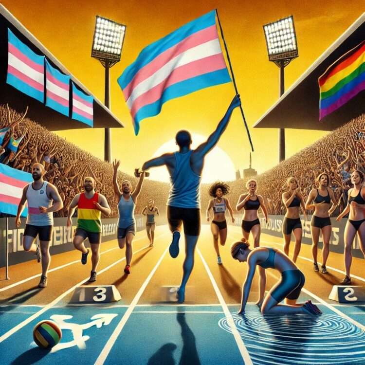 A powerful and symbolic digital illustration depicting transgender athletes in Australia. The image features a diverse group of athlete